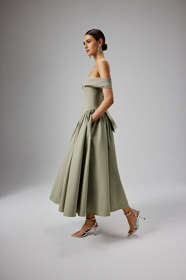 lavish alice EMILY Off Shoulder Volumed Flared Sun Midi Dress in Sage Green lavish alice EMILY Off Shoulder Volumed Flared Sun Midi Dress in Sage Green