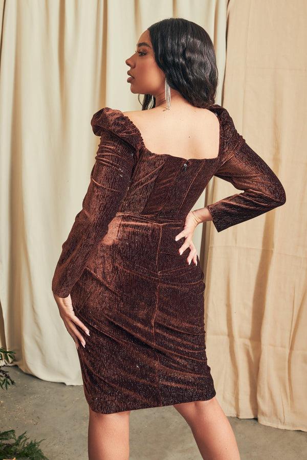 Lavish Alice ESME Curve Diamante Velvet Puff Sleeve Midi Dress In Chocolate