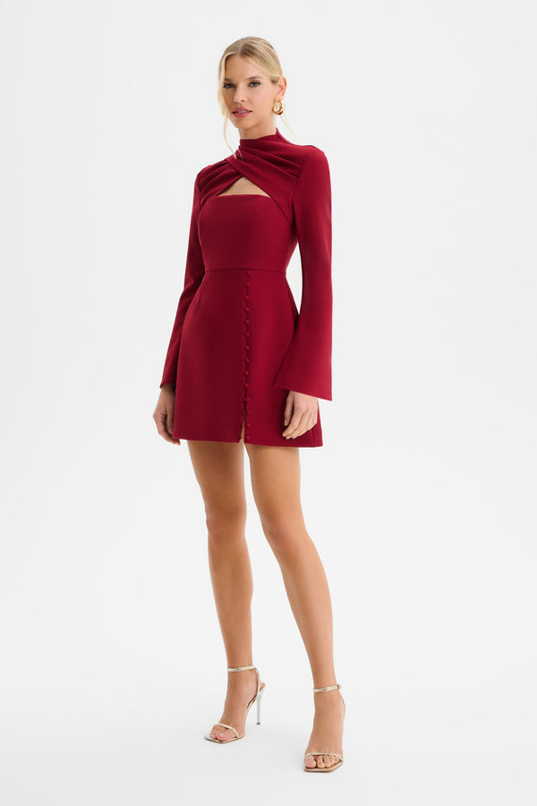 Lavish Alice FIONA High Wrap Neck Tulip Mini Dress In Burgundy