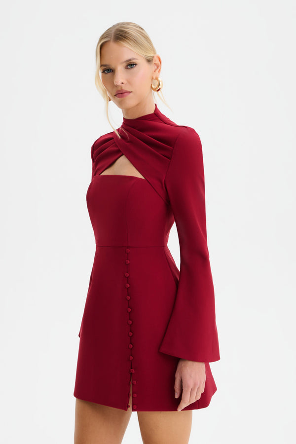 Lavish Alice FIONA High Wrap Neck Tulip Mini Dress In Burgundy