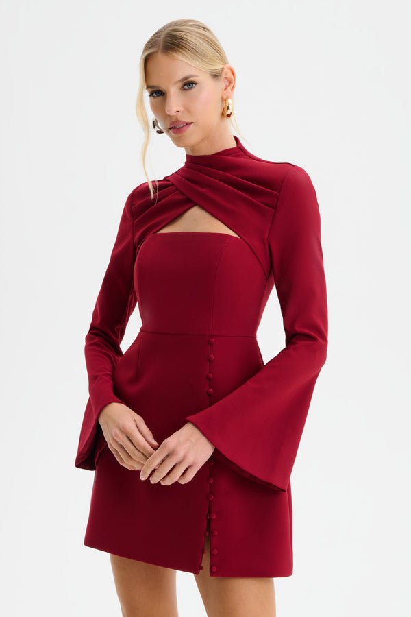 Lavish Alice FIONA High Wrap Neck Tulip Mini Dress In Burgundy