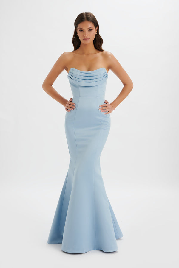 lavish alice FREYA Bonded Satin Cowl Neck Maxi Dress In Dusty Blue