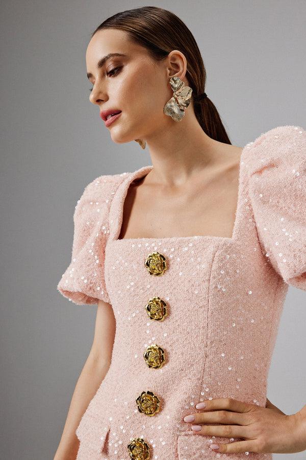 Lavish Alice GABI Puff Sleeve Boucle Midi Dress With Rose Embellishment In Pink