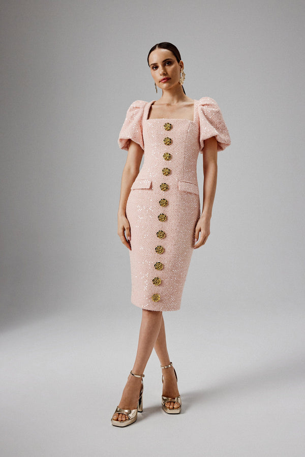 Lavish Alice GABI Puff Sleeve Boucle Midi Dress With Rose Embellishment In Pink