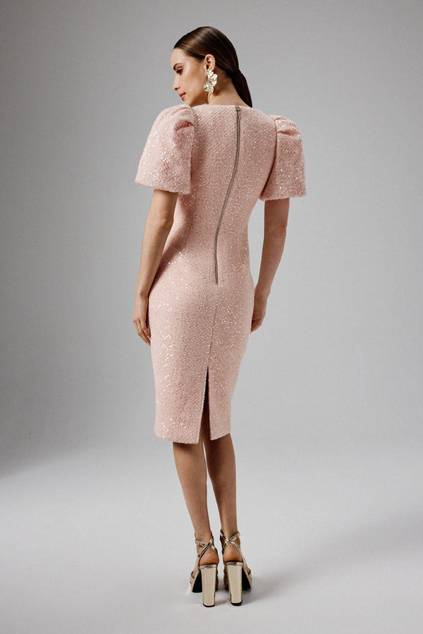 Lavish Alice GABI Puff Sleeve Boucle Midi Dress With Rose Embellishment In Pink