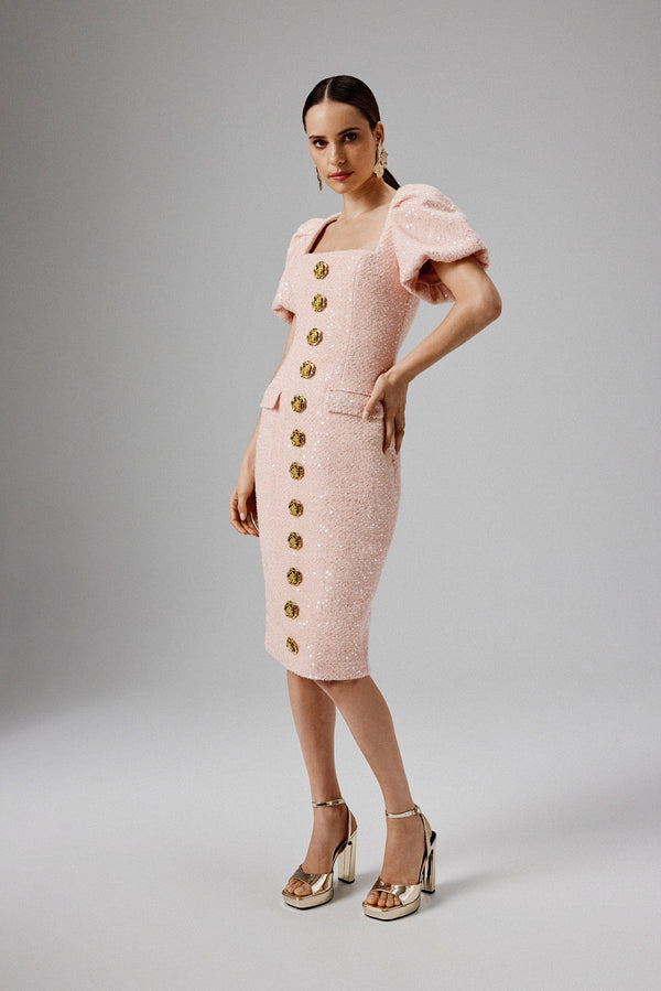 lavish alice GABI Puff Sleeve Boucle Midi Dress with Rose Embellishment in Pink