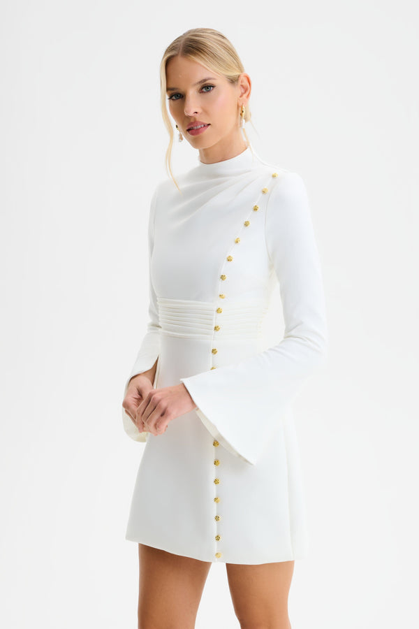 Lavish Alice GEMMA High Neck Rose Button Long Sleeve Mini Dress In White