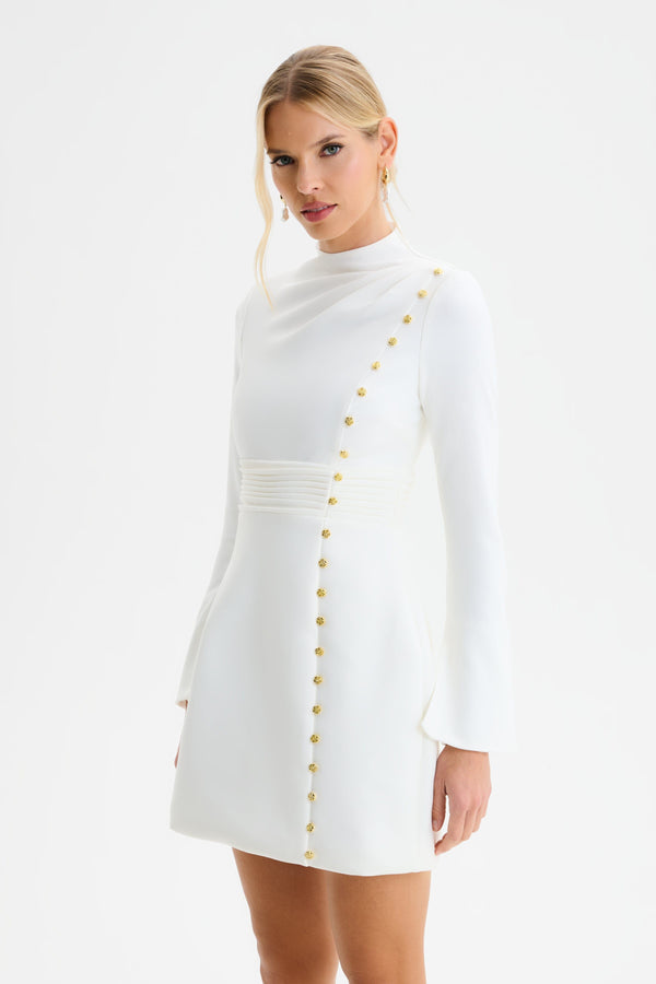 Lavish Alice GEMMA High Neck Rose Button Long Sleeve Mini Dress In White