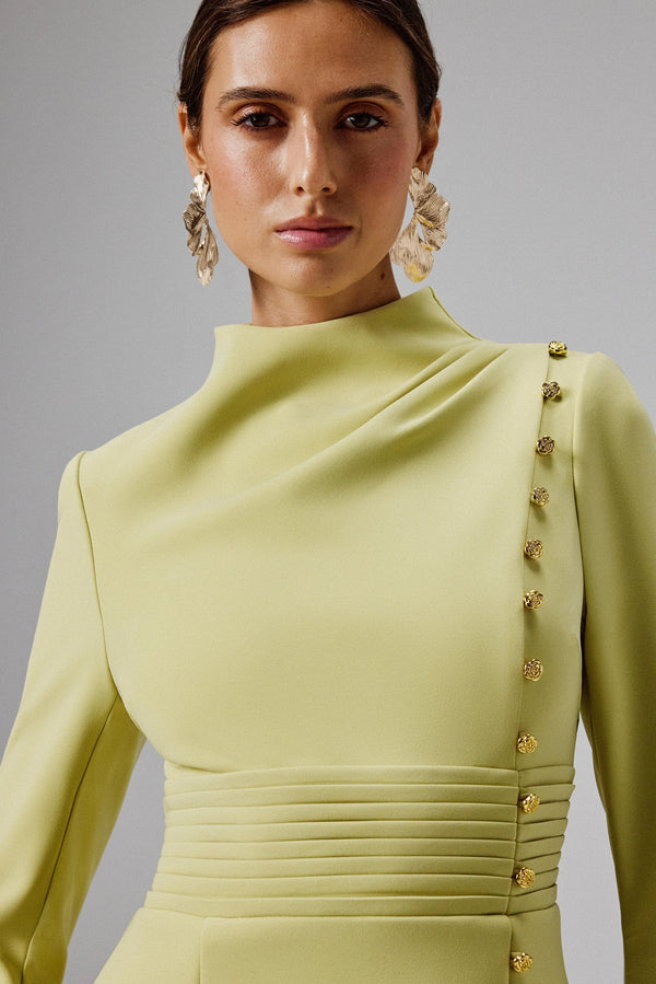 Lavish Alice GEMMA High Neck Rose Button Long Sleeve Mini Dress In Lime