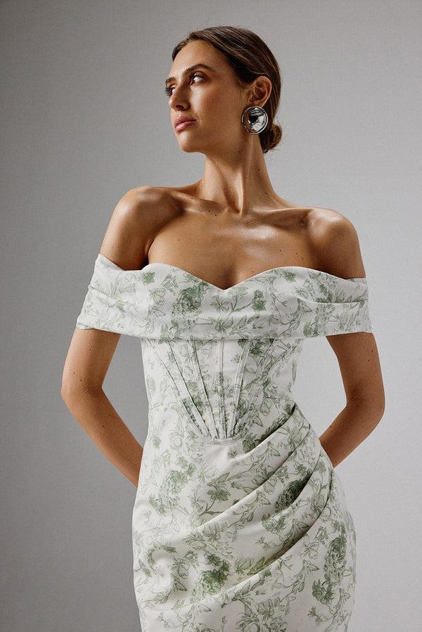 Lavish Alice GEORGIE Off Shoulder Lace Up Mini Dress In Sage Porcelain