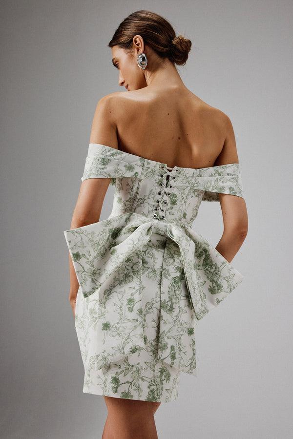 lavish alice GEORGIE Off Shoulder Lace Up Mini Dress in Sage Porcelain