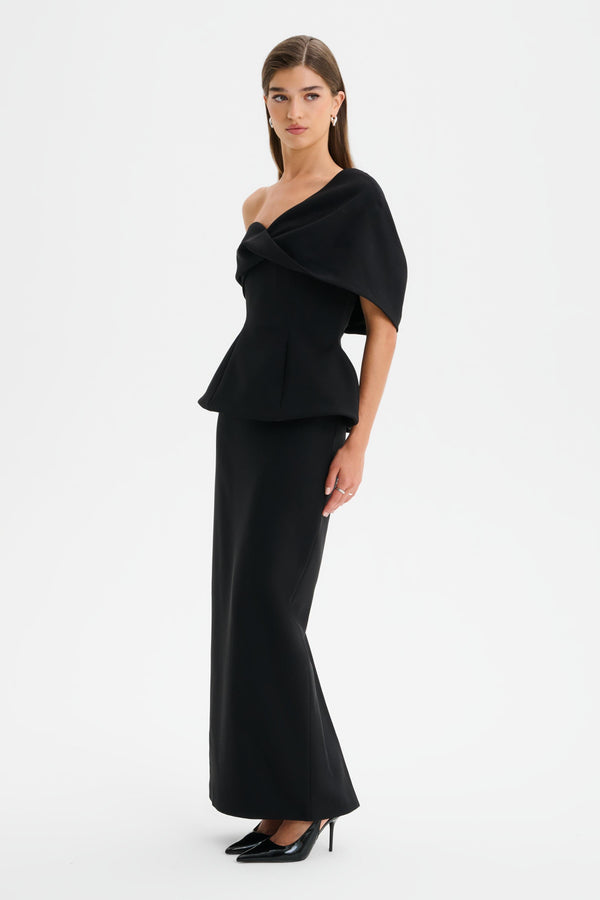 lavish alice GIOVANNA Twisted Cape Shoulder Maxi Dress in Black