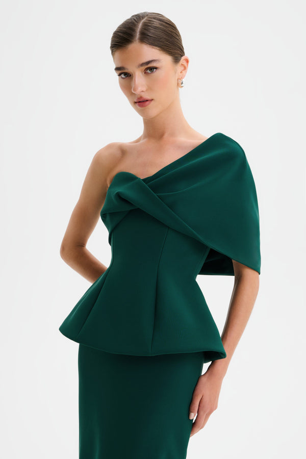 Lavish Alice GIOVANNA Twisted Cape Shoulder Maxi Dress In Emerald Green