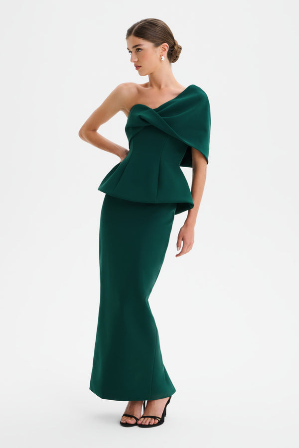 lavish alice GIOVANNA Twisted Cape Shoulder Maxi Dress in Emerald Green