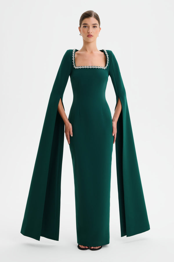 Lavish Alice GRACE Square Neck Embellished Cape Sleeve Maxi Dress In Emerald Green