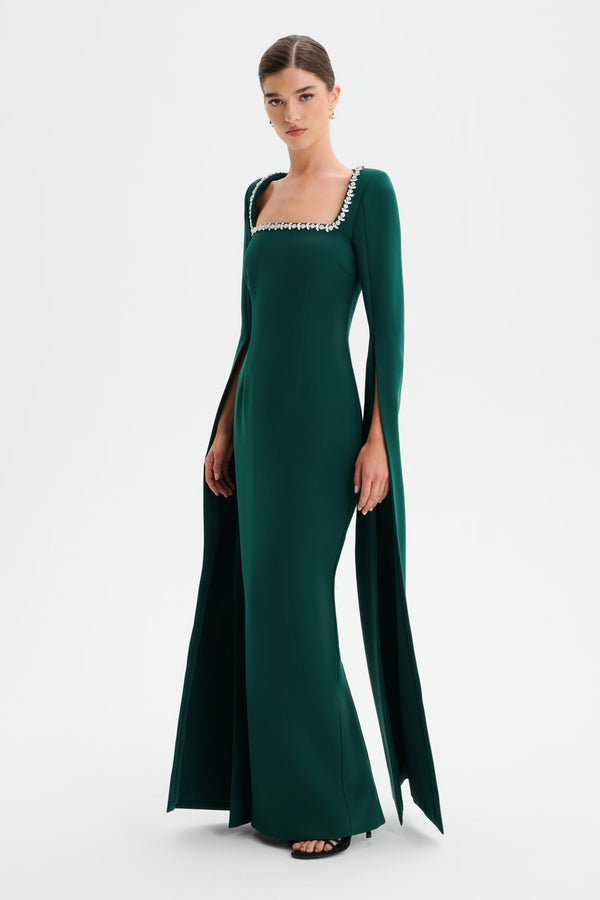 Lavish Alice GRACE Square Neck Embellished Cape Sleeve Maxi Dress In Emerald Green