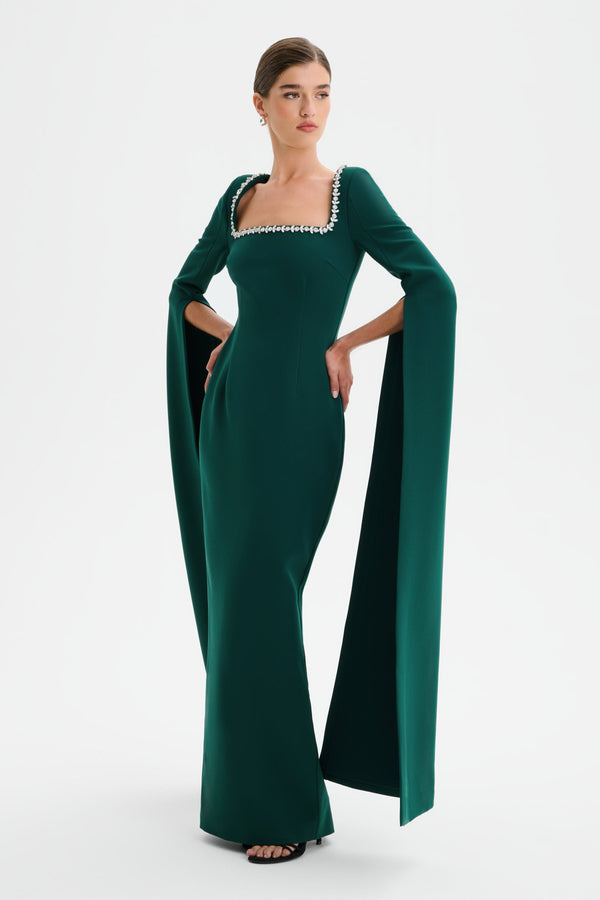 Lavish Alice GRACE Square Neck Embellished Cape Sleeve Maxi Dress In Emerald Green