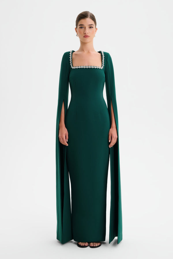 lavish alice GRACE Square Neck Embellished Cape Sleeve Maxi Dress in Emerald Green
