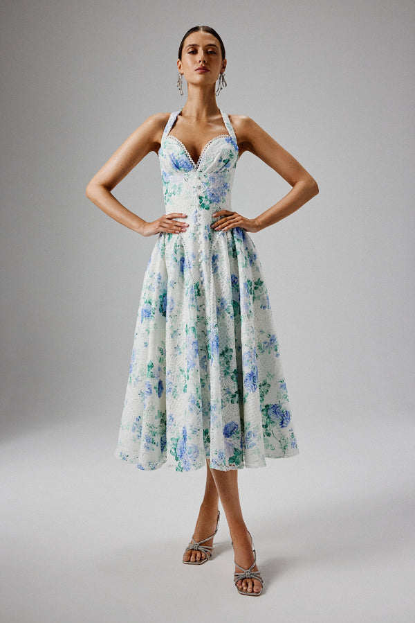 Lavish Alice HALEY Micro Button And Loop Detail Volume Flared Midi Dress In Floral Broderie