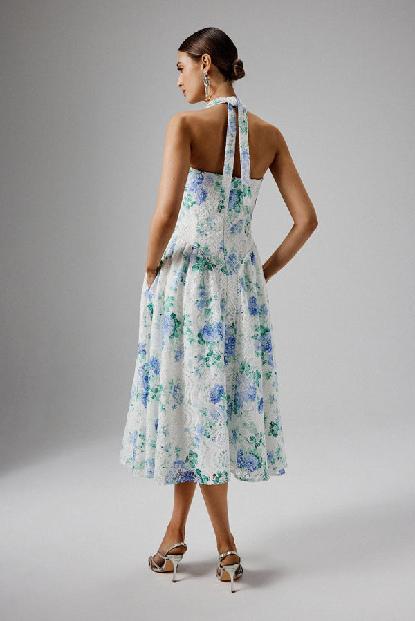 Lavish Alice HALEY Micro Button And Loop Detail Volume Flared Midi Dress In Floral Broderie