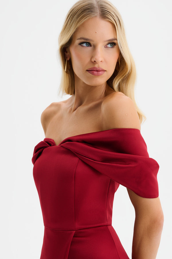 Lavish Alice HARLEEN Draped Bardot Bonded Satin Midi Dress In Burgundy