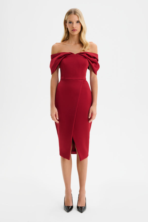 lavish alice HARLEEN Draped Bardot Bonded Satin Midi Dress in Burgundy