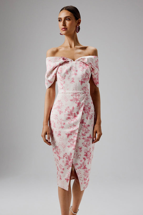 Lavish Alice HARLEEN Draped Bardot Bonded Satin Midi Dress In Pink Porcelain