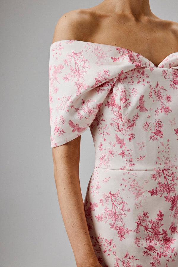 Lavish Alice HARLEEN Draped Bardot Bonded Satin Midi Dress In Pink Porcelain