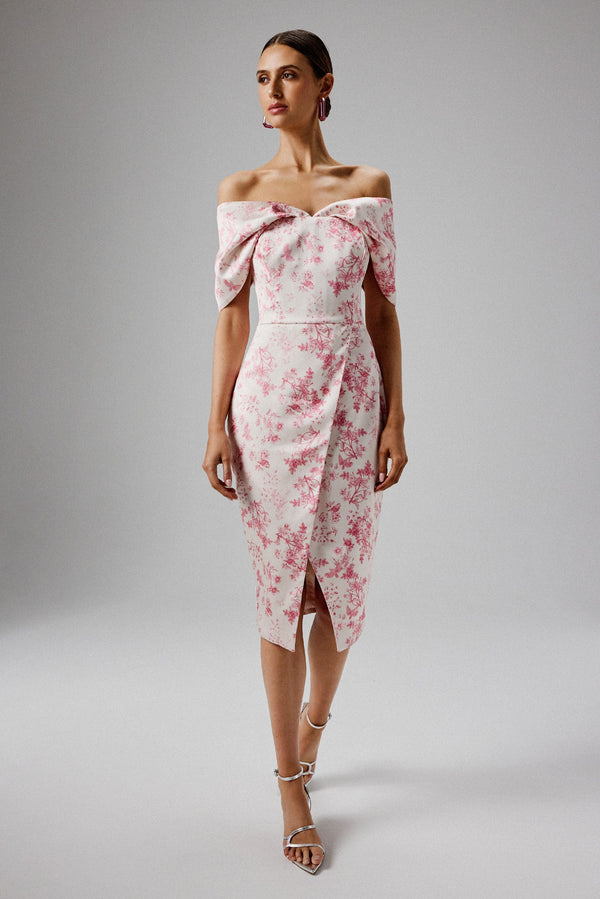 lavish alice HARLEEN Draped Bardot Bonded Satin Midi Dress in Pink Porcelain