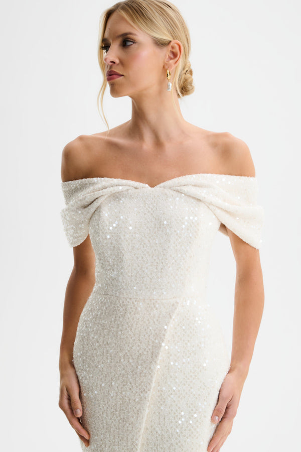 Lavish Alice HARLEEN Draped Bardot Sequin Boucle Midi Dress In Beige