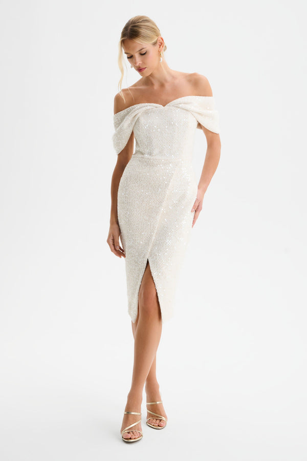 lavish alice HARLEEN Draped Bardot Sequin Boucle Midi Dress in Beige