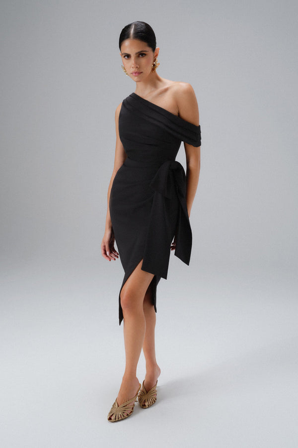 Lavish Alice HONEY One Shoulder Pleated Bow Midi Dress In Black