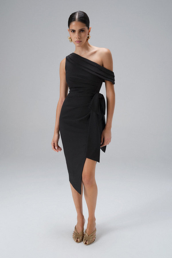 lavish alice HONEY One Shoulder Pleated Bow Midi Dress in Black