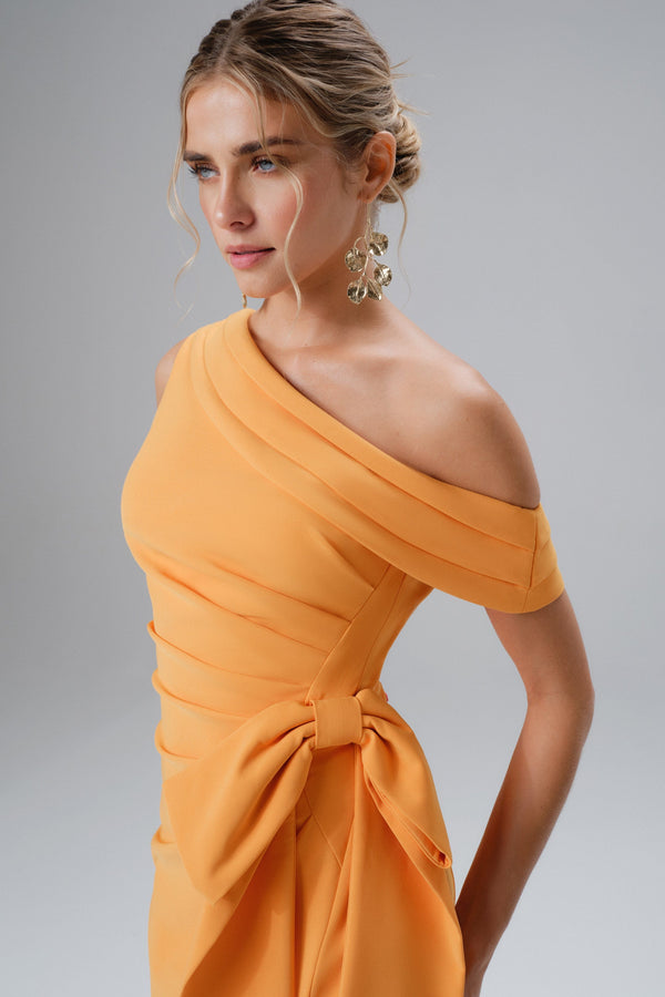 Lavish Alice HONEY One Shoulder Pleated Bow Midi Dress In Orange