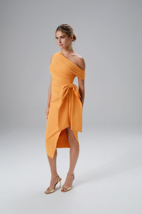 Lavish Alice HONEY One Shoulder Pleated Bow Midi Dress In Orange