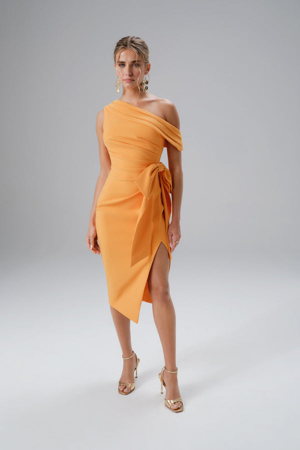 Lavish Alice HONEY One Shoulder Pleated Bow Midi Dress In Orange