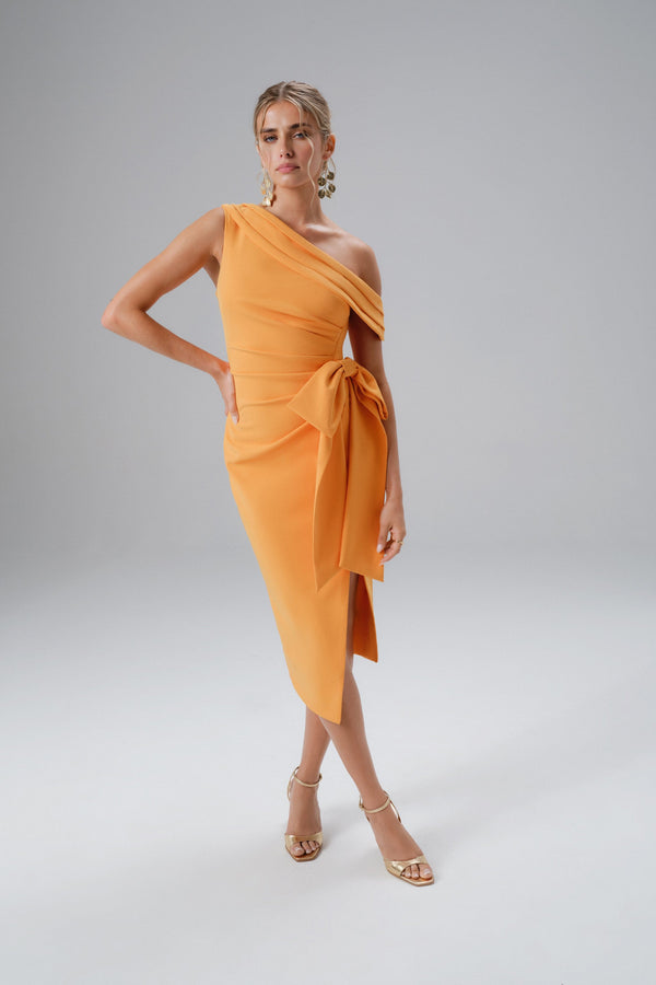 lavish alice HONEY One Shoulder Pleated Bow Midi Dress in Orange