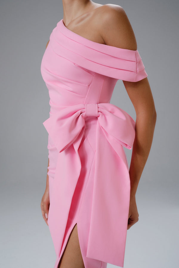 Lavish Alice HONEY One Shoulder Pleated Bow Midi Dress In Pink
