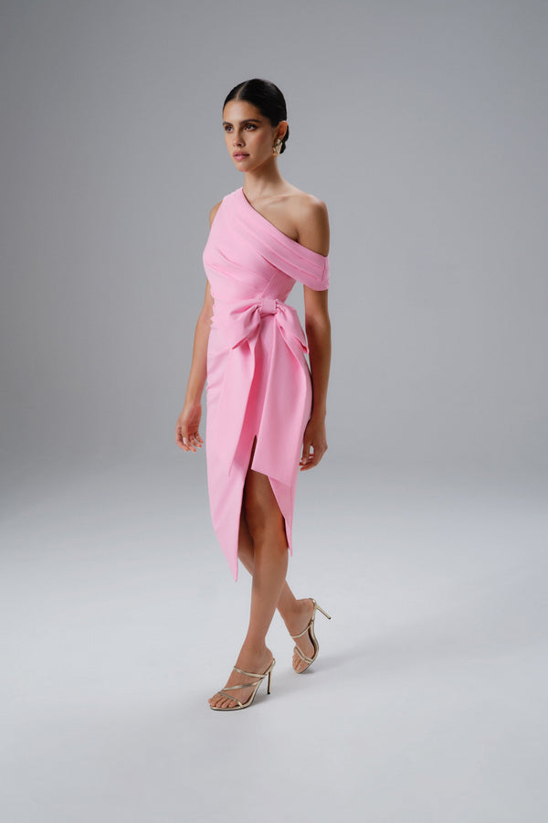 Lavish Alice HONEY One Shoulder Pleated Bow Midi Dress In Pink