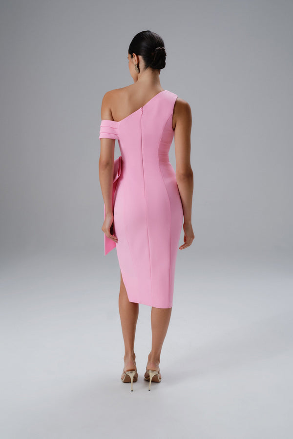 Lavish Alice HONEY One Shoulder Pleated Bow Midi Dress In Pink