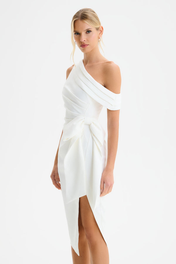 Lavish Alice HONEY One Shoulder Pleated Bow Midi Dress In White