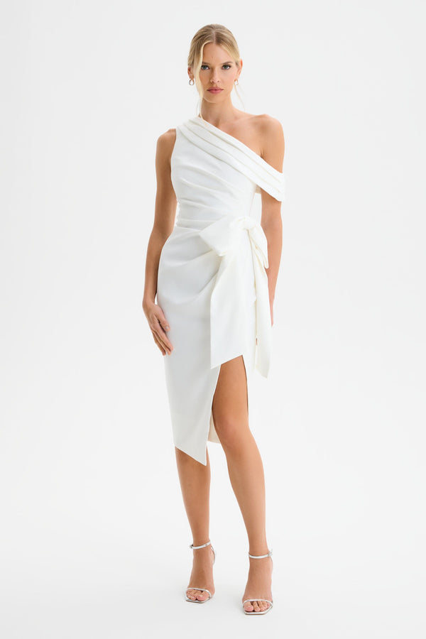lavish alice HONEY One Shoulder Pleated Bow Midi Dress in White