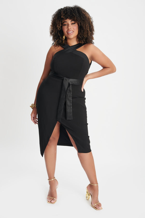 Lavish Alice ISLA Curve Satin Mix Cross Over Midi Dress In Black