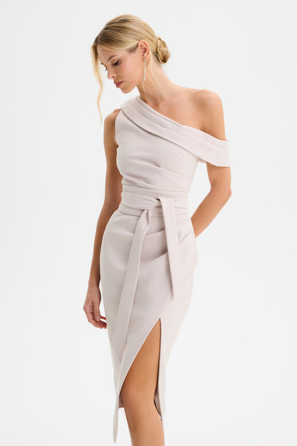 Lavish Alice JESSICA Off Shoulder Pleated Obi Belted Midi Dress In Champagne
