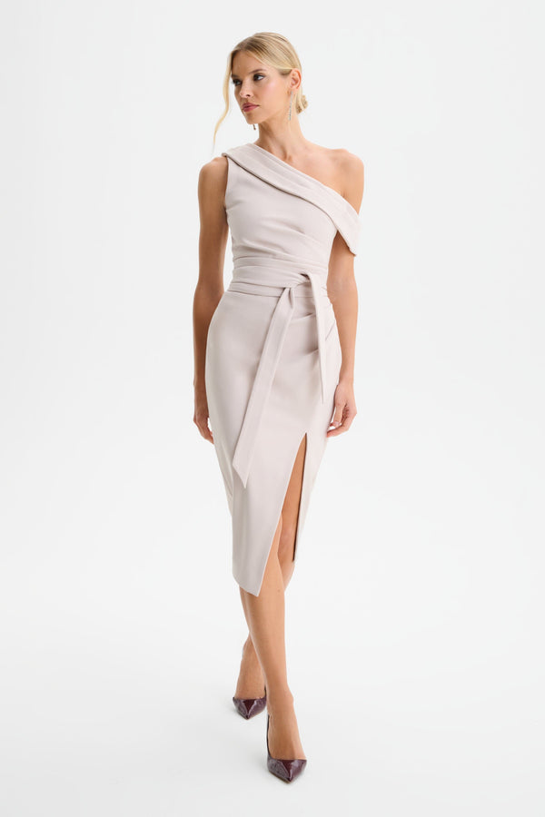 lavish alice JESSICA Off Shoulder Pleated Obi Belted Midi Dress in Champagne
