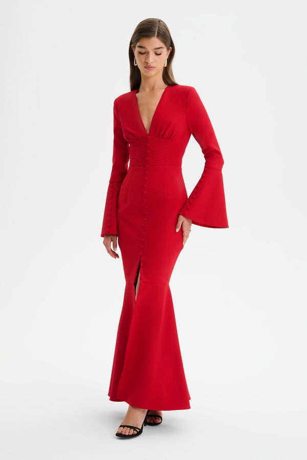 Lavish Alice JOSIE Fluted Sleeve Fishtail Maxi Dress In Red