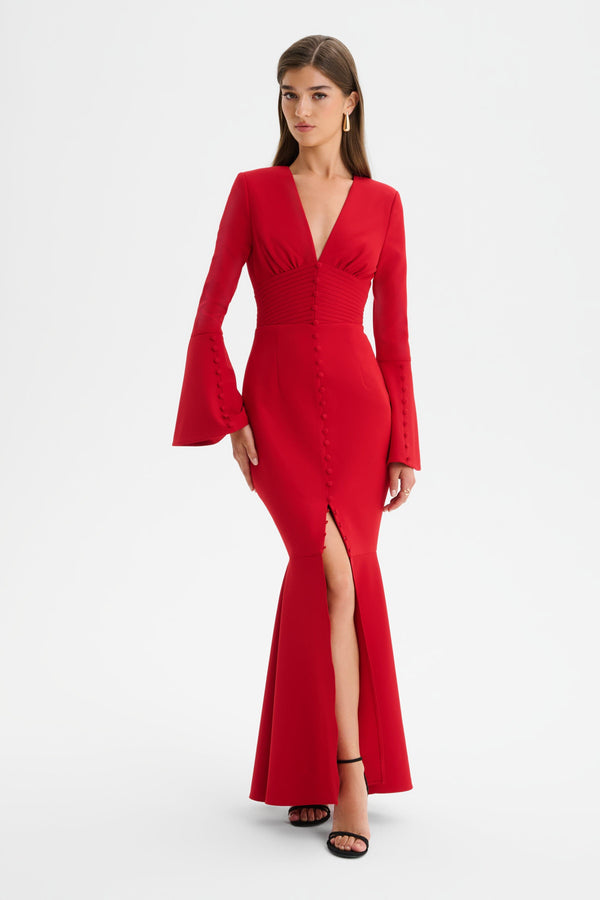 Lavish Alice JOSIE Fluted Sleeve Fishtail Maxi Dress In Red