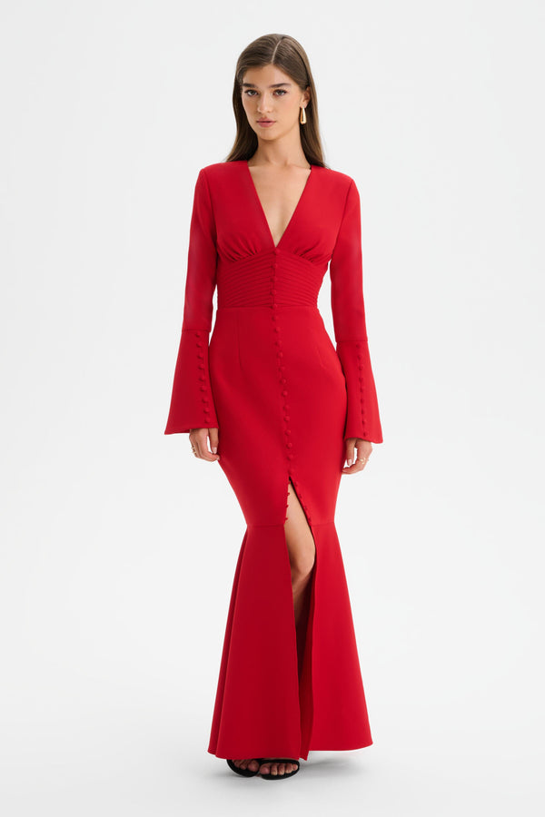 Lavish Alice JOSIE Fluted Sleeve Fishtail Maxi Dress In Red