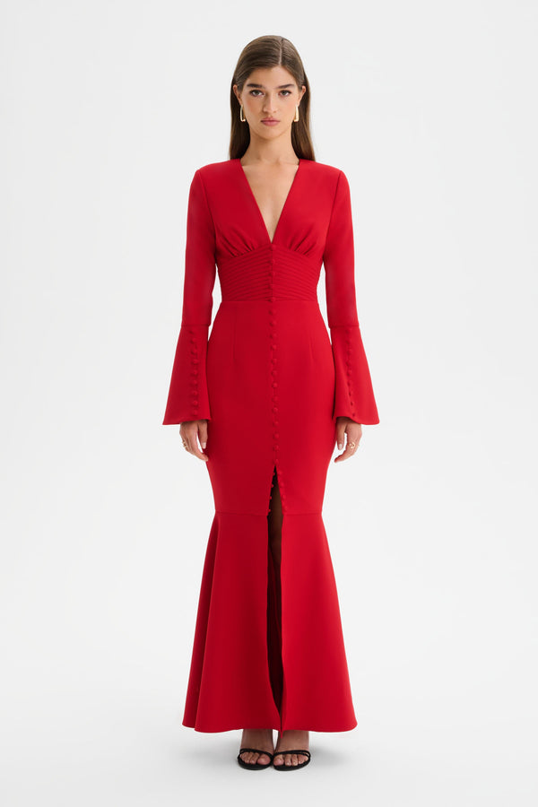 lavish alice JOSIE Fluted Sleeve Fishtail Maxi Dress in Red