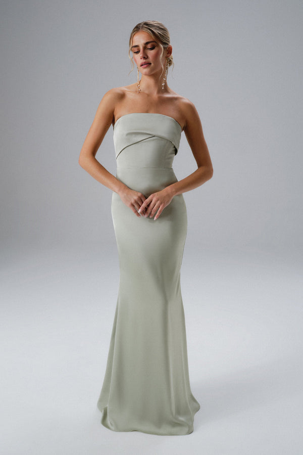 Lavish Alice JOVIE Bow Detail Bandeau Satin Maxi Dress In Sage Green